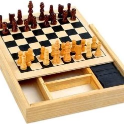 Oneiro S Luxe Houten Spellendoos 4-in-1 - Zomer Reizen Vliegtuig Spelletjes Spellen Reisspellen