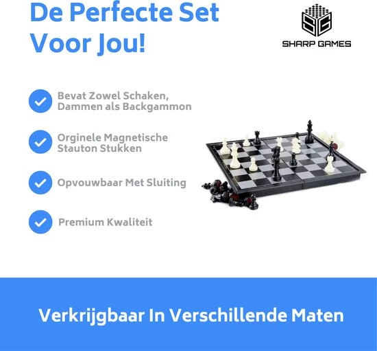 Shagam 3-in-1 Bordspel - 32 Cm - Plastic - Magnetisch - Schaakbord - Dambord - Backgammon - Schaakspel - Schaakset - Schaken - Dammen - Met Schaakstukken - Chess - Hout - Opklapbaar - Afbeelding 6