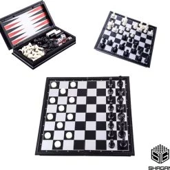 Shagam 3-in-1 Bordspel - 32 Cm - Plastic - Magnetisch - Schaakbord - Dambord - Backgammon - Schaakspel - Schaakset - Schaken - Dammen - Met Schaakstukken - Chess - Hout - Opklapbaar