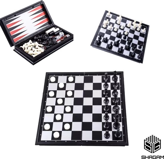 Shagam 3-in-1 Bordspel - 32 Cm - Plastic - Magnetisch - Schaakbord - Dambord - Backgammon - Schaakspel - Schaakset - Schaken - Dammen - Met Schaakstukken - Chess - Hout - Opklapbaar