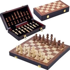 Merkloos HOUTEN CHESS Schaakspel Opklapbaar - Schaakbord Compleet Met Schaakstukken - 30 X 30 X 5.5 Cm