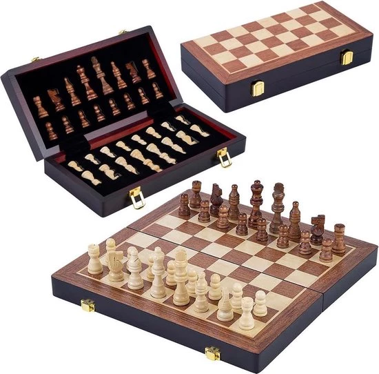 Merkloos HOUTEN CHESS Schaakspel Opklapbaar - Schaakbord Compleet Met Schaakstukken - 30 X 30 X 5.5 Cm