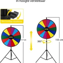 Temz Rad Van Fortuin Met Tripod - Draairad - Rad Van Avontuur - Draaischijf - Gezelschapsspel - Draaiwiel - Draairad Spel - Rad Van Fortuin Draaiwiel - 14 Te Beschrijven Vakken - In Hoogte Verstelbaar - Opvouwbaar - Incl. Markeerstiften En Wisser - Ø 46cm