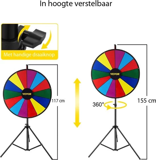 Temz Rad Van Fortuin Met Tripod - Draairad - Rad Van Avontuur - Draaischijf - Gezelschapsspel - Draaiwiel - Draairad Spel - Rad Van Fortuin Draaiwiel - 14 Te Beschrijven Vakken - In Hoogte Verstelbaar - Opvouwbaar - Incl. Markeerstiften En Wisser - Ø 46cm